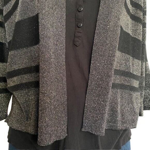 August Silk Black Gray Shimmery Metallic Striped 3/4 Sleeve Cardigan Sweater Siz - Picture 5 of 12